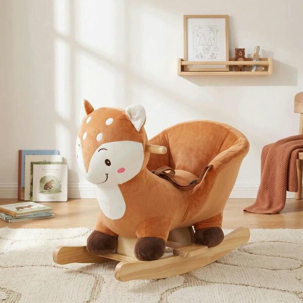 Rocking Horse, Ride on Horse Deer Design with Sounds, Security Belt, Rocking Stopper, for Toddlers 1-3 Years, Brown