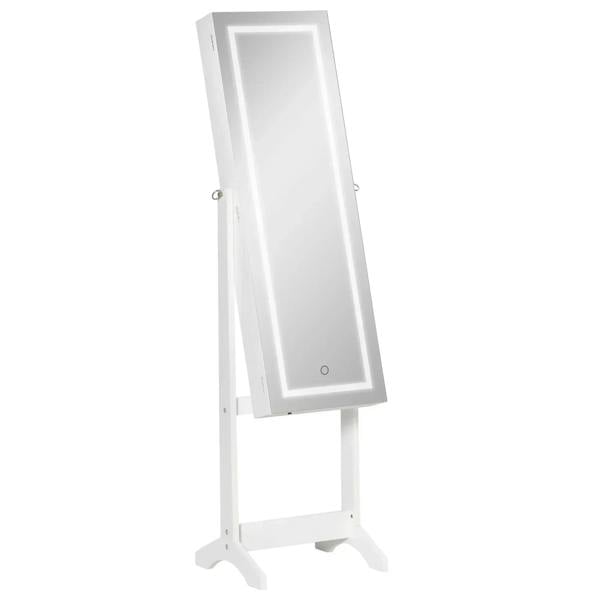 White full-length jewelry cabinet with tilt mirror and LED border on stand