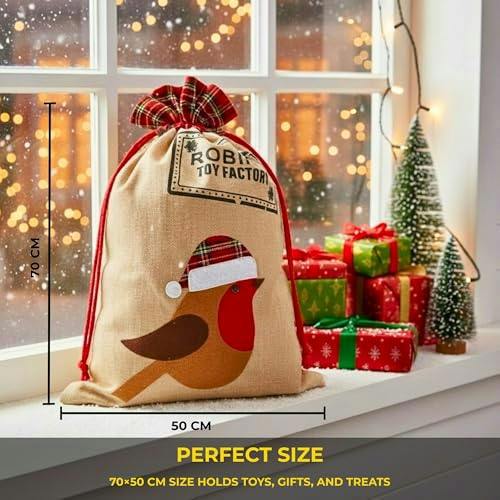 5cm Robin Christmas Hessian Santa Sack with Printed Festive Pattern, Reusable Gift Storage Bag image 4