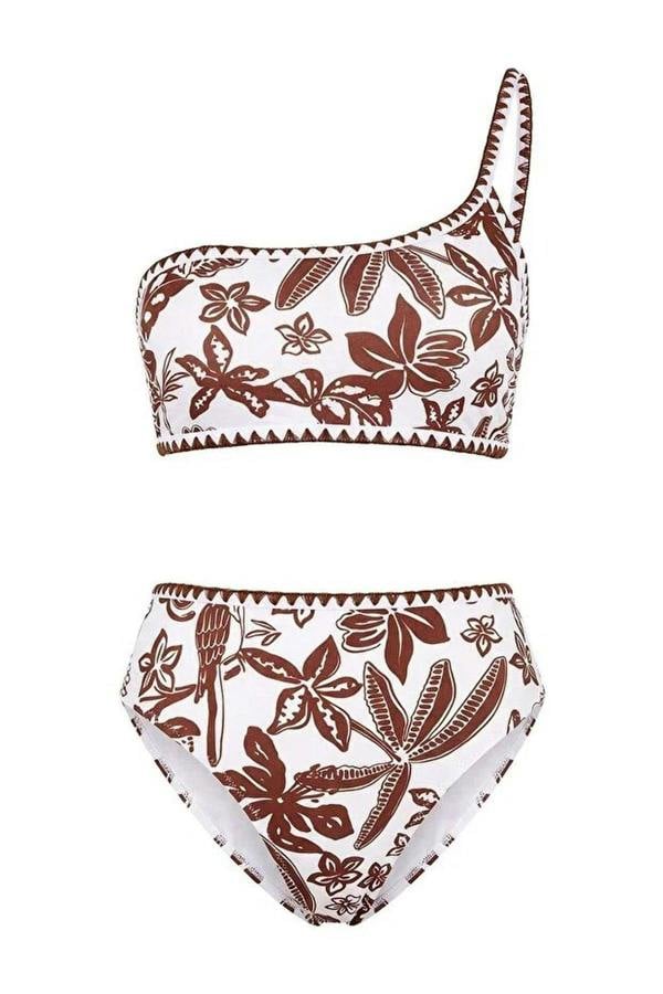 WOVCOR Tropical Pattern Embroidered One-Shoulder Covered High-Waisted Regular Bikini Set