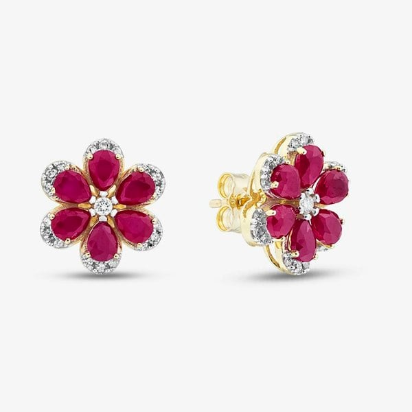 T. H. Baker 9ct Yellow Gold Certified 0.25ct Lab Grown Diamond & 3.00ct Ruby Flower Stud Earrings LGE46343-RD