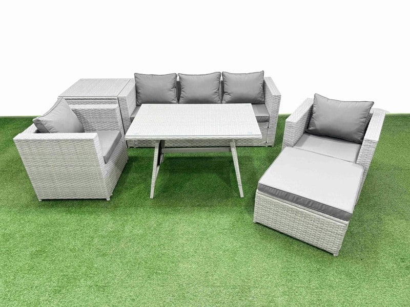 Fimous 7 Pieces Outdoor PE Rattan Sofa Armchair Set Patio Garden Furniture Sets with Cushions Side Table Big Stool Light Grey