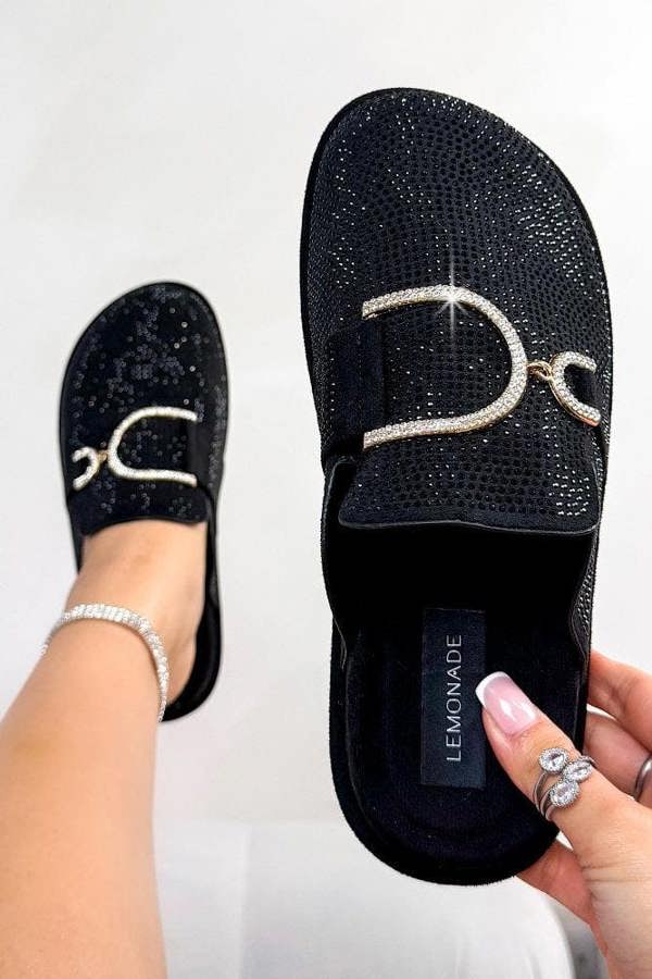 Love Lemonade Crystal Imperial Suede Slip On Clog Mules Black