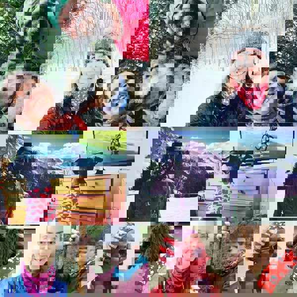 Photo montage of customers wearing their Ruffnek scarf snoods for different activities and worn as a neck gaiter, head band, hair band, skiing mask and also a dog scarf. Hiking, skiing, cycling, beach, dog scarf, kids scarf.