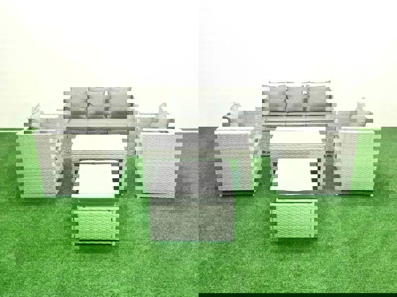 Fimous Rattan Garden Furniture Set 5 Pieces Outdoor Garden Sofa Oblong Coffee Table Set with 2 Chairs Stool Light Grey Mixed
