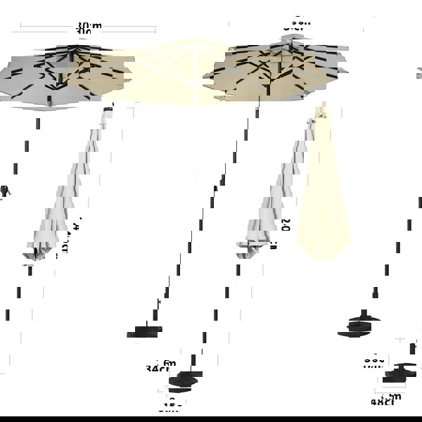 Beige 3m Patio Garden Parasol Sun Umbrella Sunshade Canopy With Solar LED Lights Parasols & Rain Umbrellas Living and Home Circle Effect 14KG Resin tank base