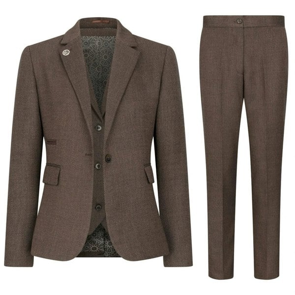 TruClothing TPW-AK-06 - Women's Brown 3 Piece Herringbone Tweed Suit