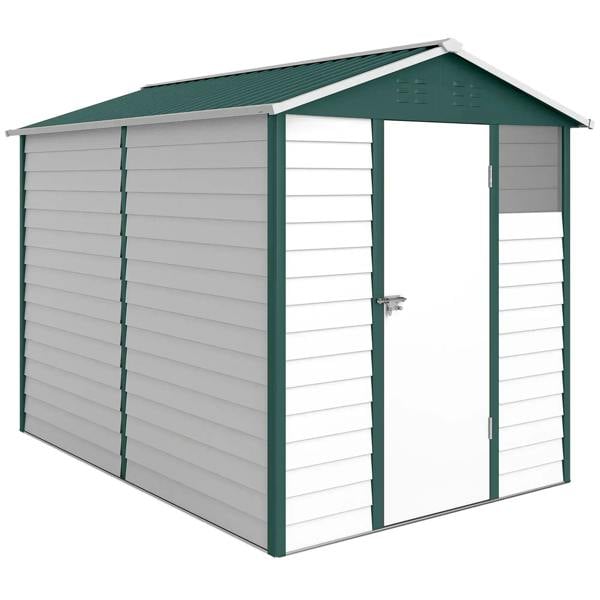 Green metal outdoor garden shed with sloped roof, double doors, and latch on front