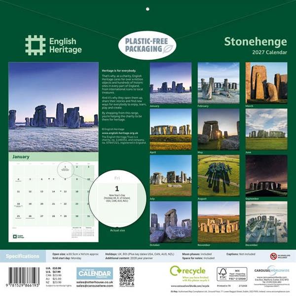 English Heritage, Stonehenge Calendar 2027, Wall Calendars, Month To View, Travel, Gift