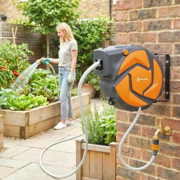 Bobobiy 10m Garden Hose Reel Wall Mounted Auto Rewind with 7 Patterns Spray Nozzle, Includes Wall Fixings, Orange - Orange