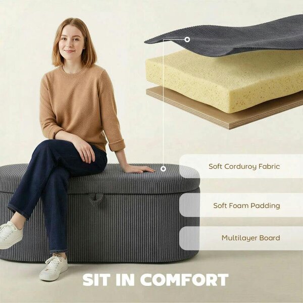 Storage Ottoman, Corduroy Upholstered Ottoman Storage Box with Padded Seat, 105 x 51 x 49 cm, Dark Grey