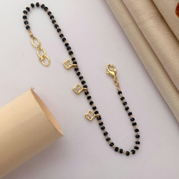 The Colourful Aura Black Beaded Mangalsutra Square Dangle Zircon Nazar bracelet