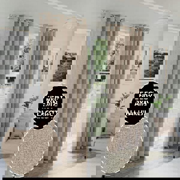 Enhanced Living Natural Textured Basketweave 100% Blackout Curtains - Thermal/Energy Saving Pair with Eyelets For Living Room & Bedrooms