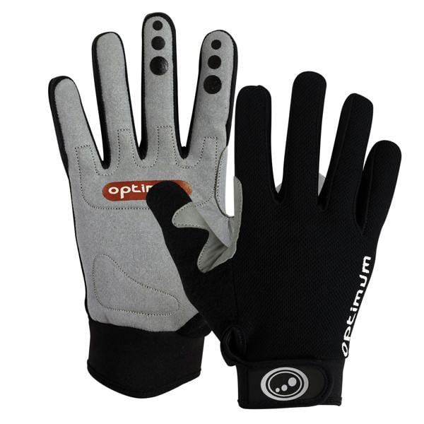 Pair of black and grey Hawkley MTB full-finger cycling gloves, palm and back views on white - Optimum