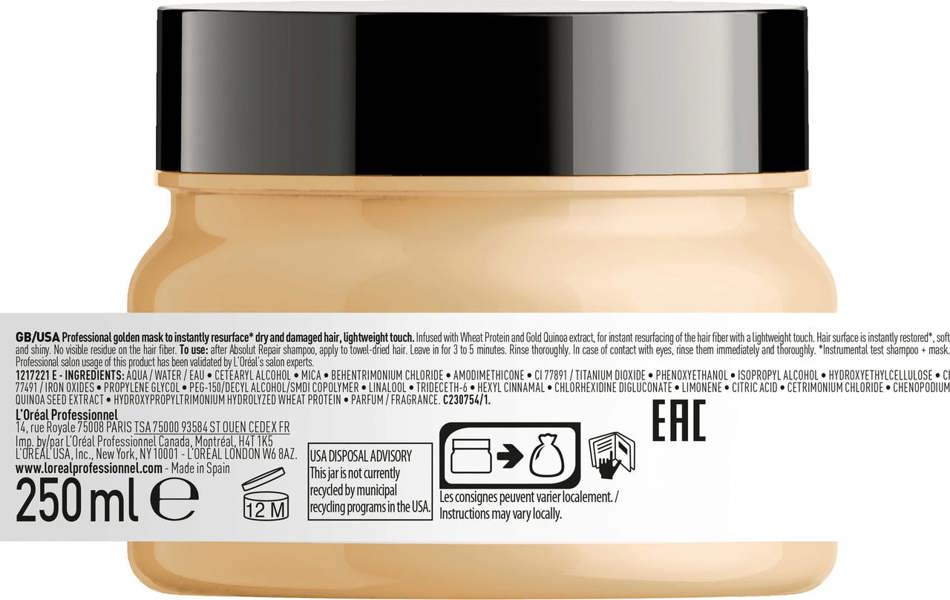 L'Oreal Absolut Repair Golden Mask Infused with gold quinoa + protein, this Golden resurfacing mask offers the ultimate professional deep resurfacing experience for damaged and dry hair while ensuring the hair is not weighed down.