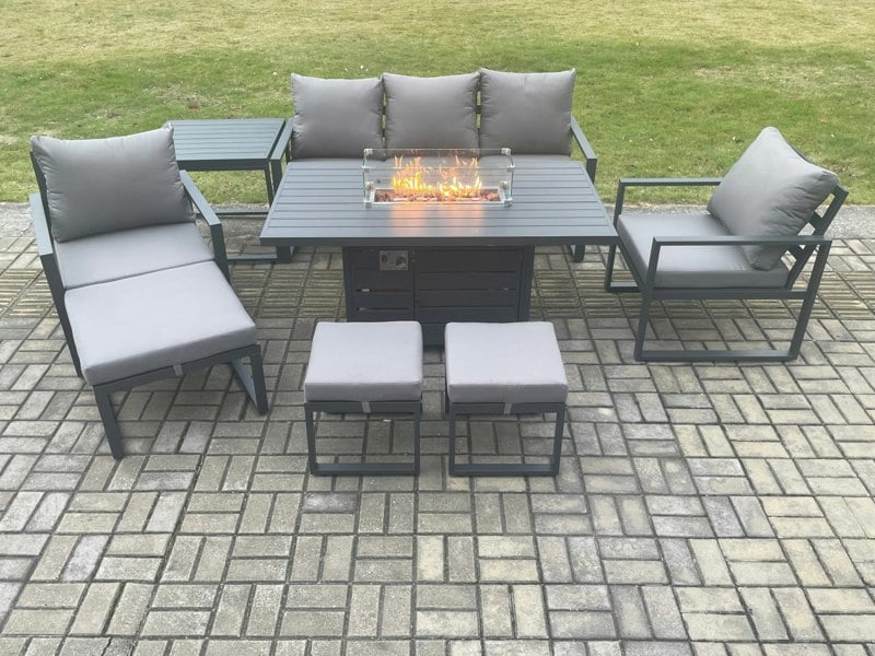 Fimous Aluminium Patio Outdoor Garden Furniture Lounge Sofa Set Gas Fire Pit Dining Table with Side Table 3 Footstools Dark Grey