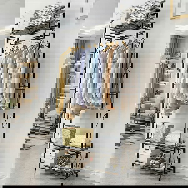 Modcraft Heavy Duty Garment Clothes Rail Rack with Shelves Metal Coat Stand Hanging Pole Black