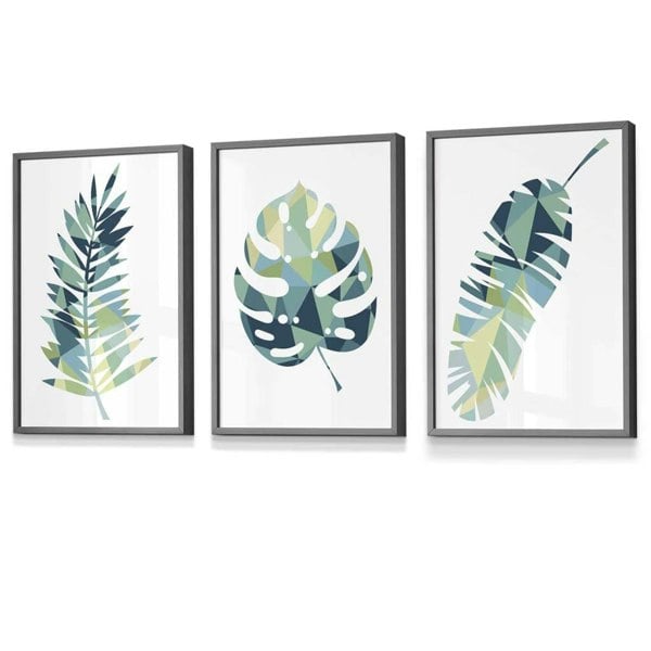 Framed Set of 3 Teal Blue Tropical Leaf Prints | Artze Wall Art UK
