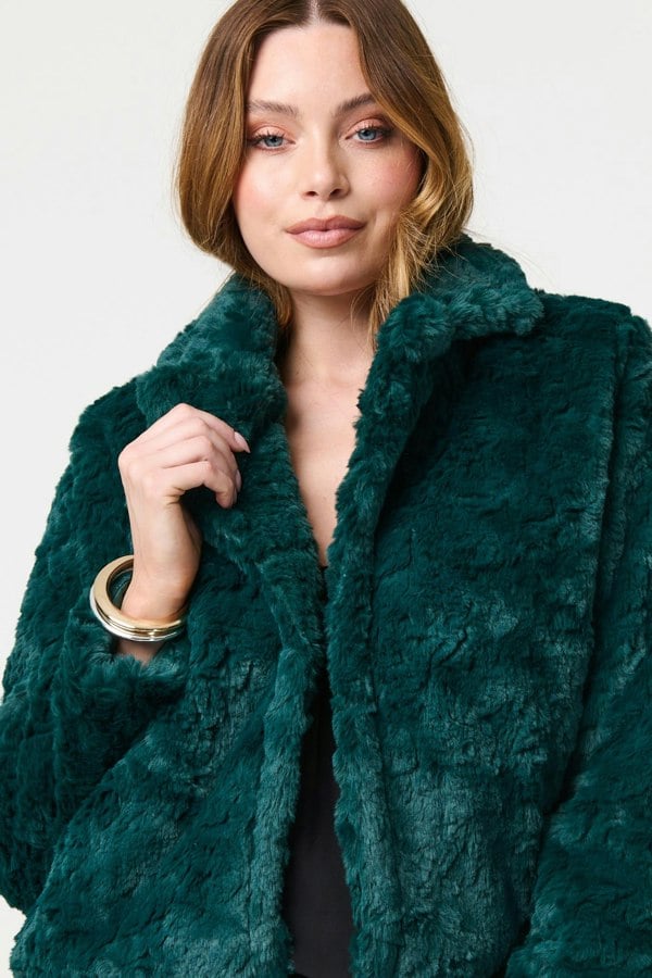 Green | Faux Fur Cropped Long Sleeve Jacket
