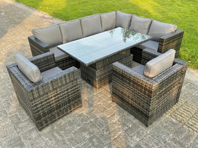 Fimous Dark Mixed Grey Outdoor Rattan Garden Furniture Sofa Set Rising Adjustable Dining Or Coffee Table 2 Chairs Patio Furniture Right Corner