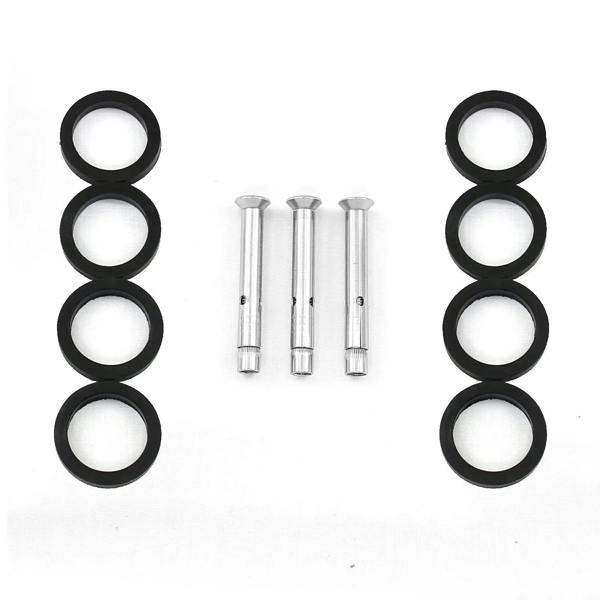 Stainless steel balustrade end post components including six black rubber rings and three silver metal bolts for secure installation