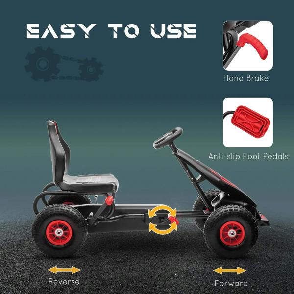 Kids pedal go-kart with hand brake lever and anti-slip foot pedals, black with red accents