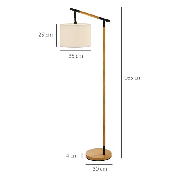 Brown floor lamp with cream drum shade, black hardware, and circular base