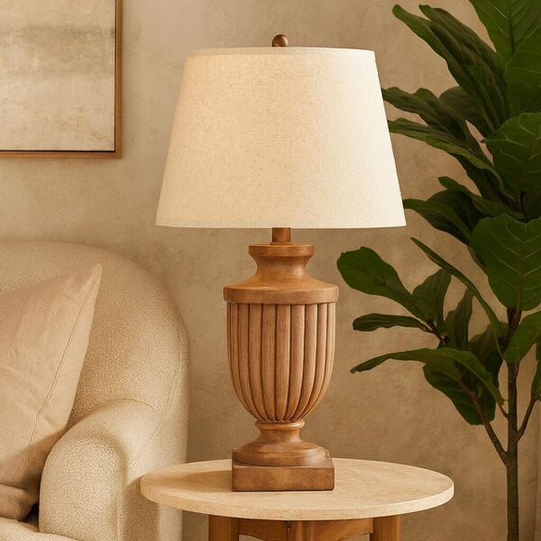 Wyld Haus Auberville Flute Wooden Table Lamp With Tapered Cream Linen Shade