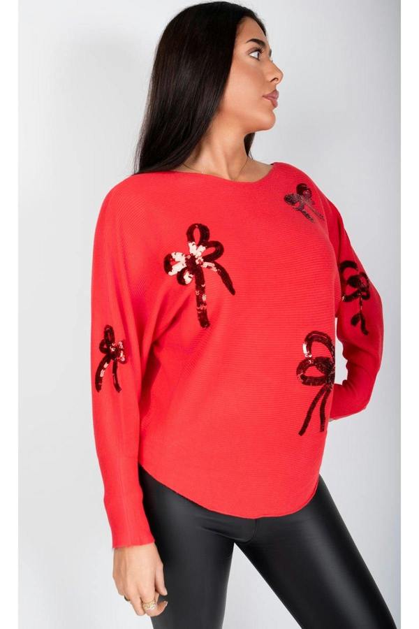 Marivelle Knitted Jumper With Sequin Bow Detail - Red