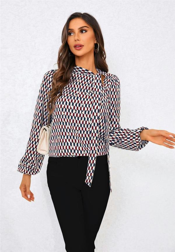 FS Collection Geo Print Side Tie Blouse Top In Wine