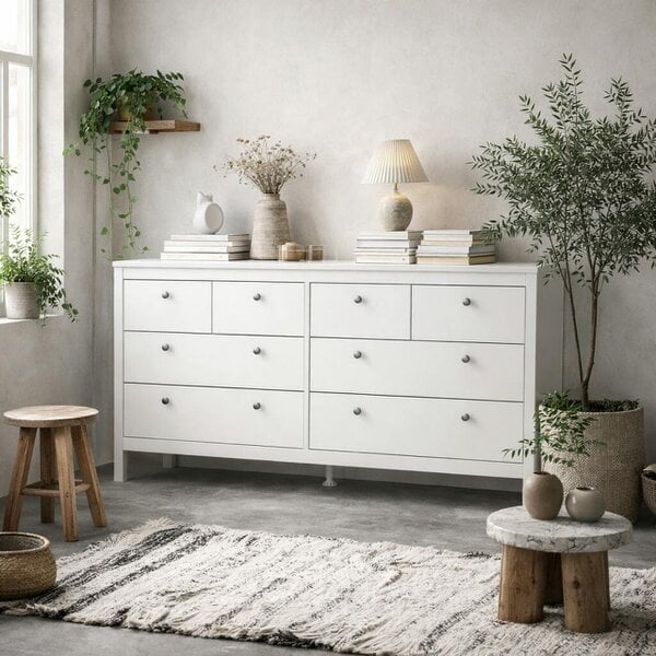 Wyld Haus Gossmere White Wooden Large Double Dresser 8 Drawers Silver Handles