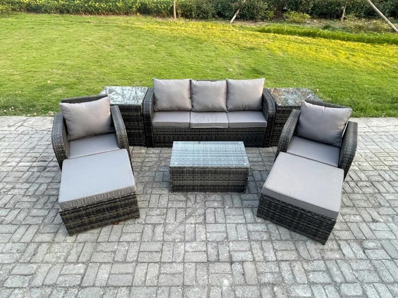 Fimous Rattan Garden Furniture Set - Dark Grey Mixed Patio Lounge Sofa with Rectangular Coffee Table & 2 Big Footstools