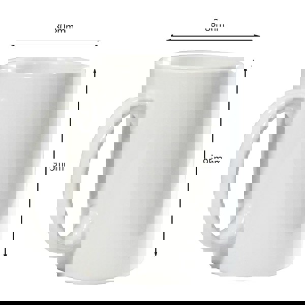White ceramic mug with large handle, 80mm wide and 95mm tall, smooth glossy finish.