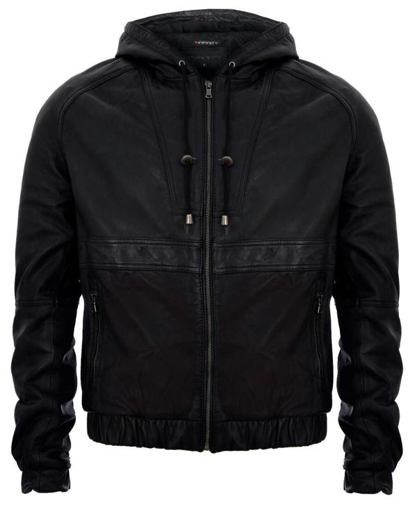 Infinity Leather Mens Vintage Zipped Leather Hooded Bomber Biker Jacket