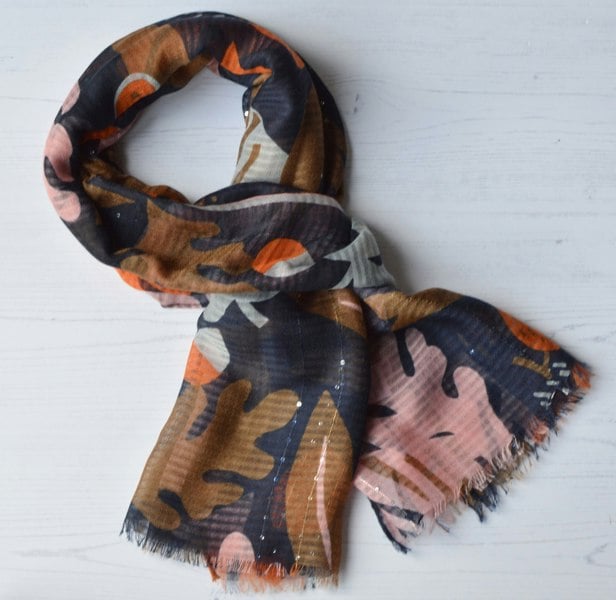 Antonia York Leaf Scarf | Hannah Soft Gauzy Wrap with Sequin Detail Orange Navy Blue Pink Brown