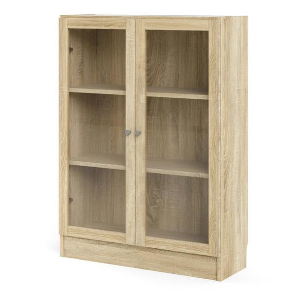 Furniture To Go Basic Low Wide Display Cabinet in Oak (2 Shelves) with 2 Glass Doors in Oak