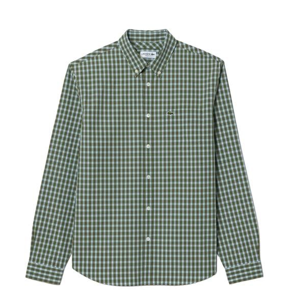 Lacoste Mens Plaid Poplin Regular Shirt - Khaki Green