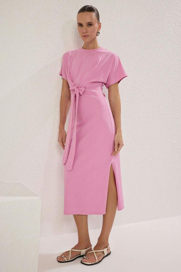 WOVCOR Batwing Sleeve Bodycon Midi Dress with Tie Waist Detail