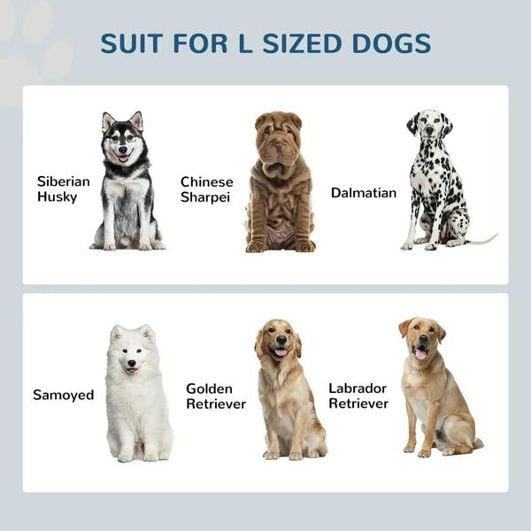 Dog size compatibility chart for the raised feeding station, showing multiple dog breeds.