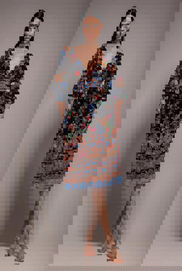 Chiffon Wrap Border Floral Print Midi Dress - Black DR4333