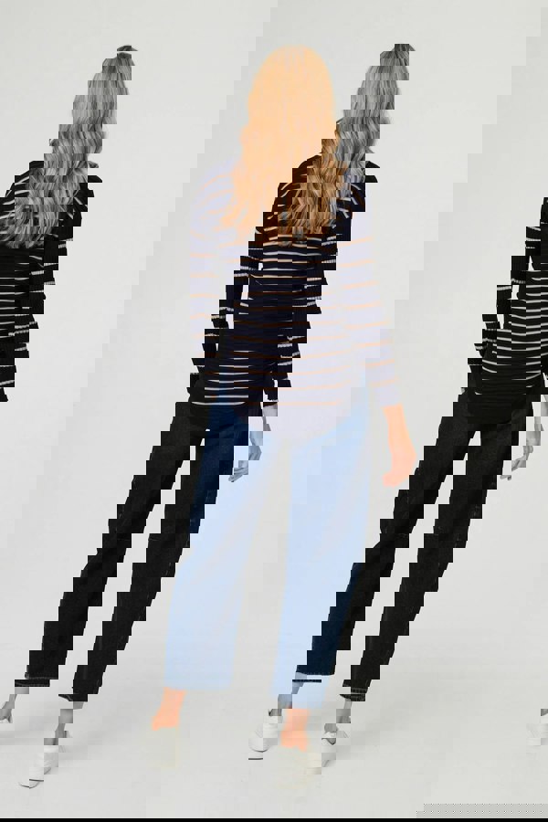 Navy | Striped Zip-Neck Textured Knit Top
