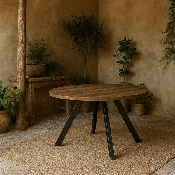 Wyld Haus Bern Round Oak Look Extendable Dining Table Black Steel Legs