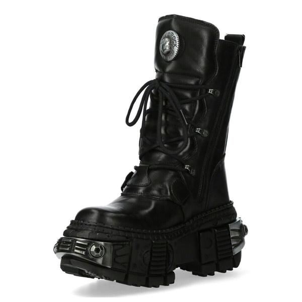 New Rock Black Mid Calf Leather Goth  Boots-WALL1473-S11
