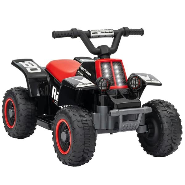 Kids electric ride-on quad bike with black frame, red seat, dual front headlights
