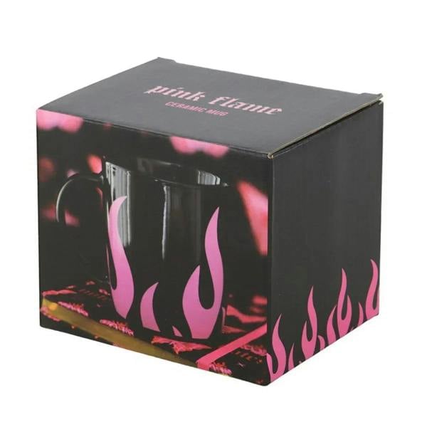 Black mug gift box with pink flame print and flame logo on the top