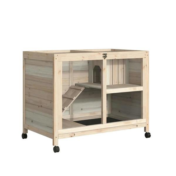 Two-layer indoor wooden hutch with open front door and ramp, on four caster wheels
