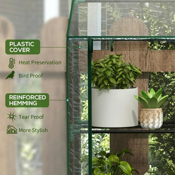 Mini greenhouse corner with clear plastic cover and green frame, plants on wire shelves