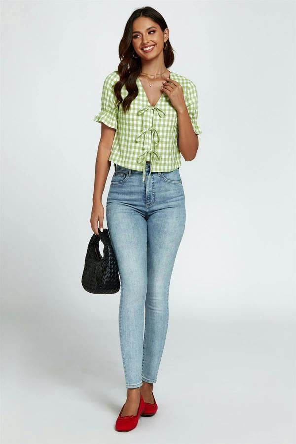FS Collection Check Print Tie Front Top In Green