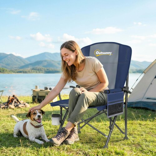 Outsunny Camping Chair Padded with Side Pocket - Dark Blue - 59W x 60D x 94H cm - 1