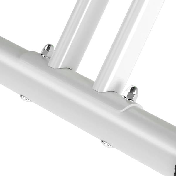 White bike frame rail with adjustable stabilizer feet